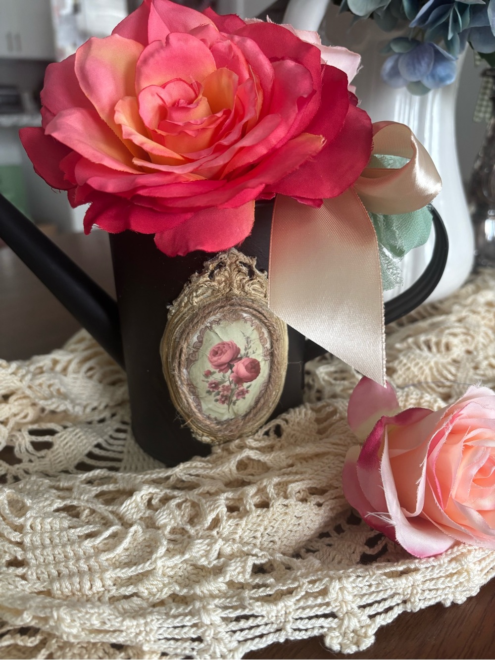 Vintage Watering Can Mothers Day Pink Roses Watering Small Can Accent Final Sale